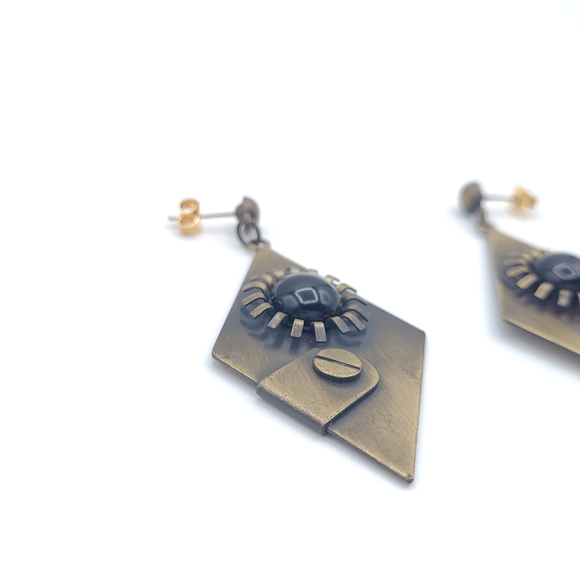 Art Deco with a Steam Punk Vibe -  Gold and Black Geometric Earrings - Picture 7 of 10